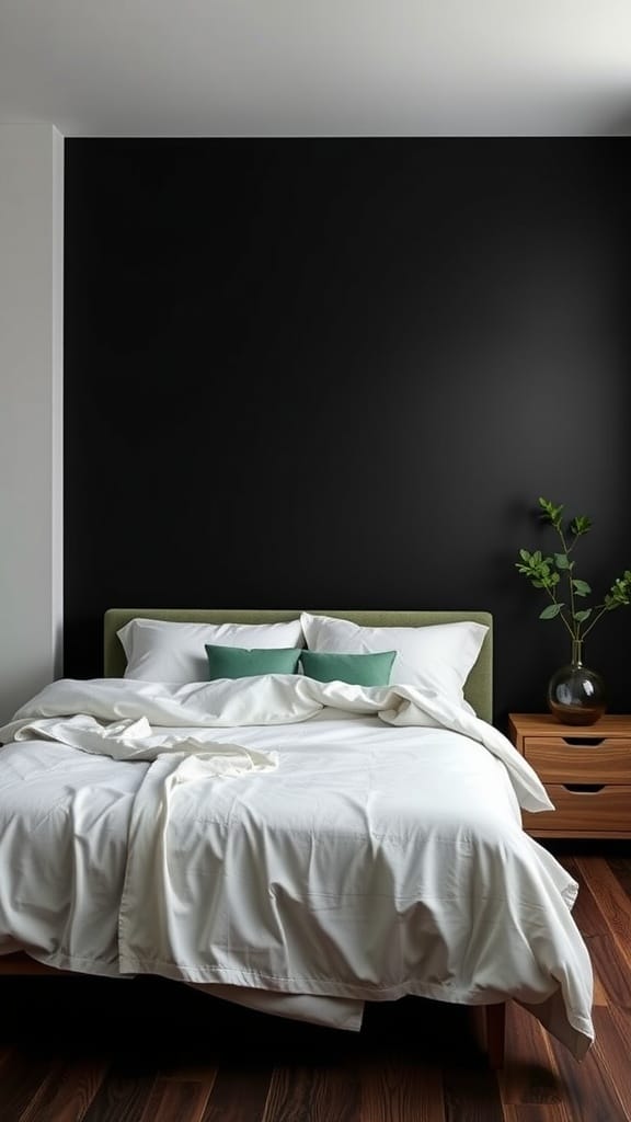 A minimalist black and green bedroom featuring a green headboard, white bedding, and a potted plant.