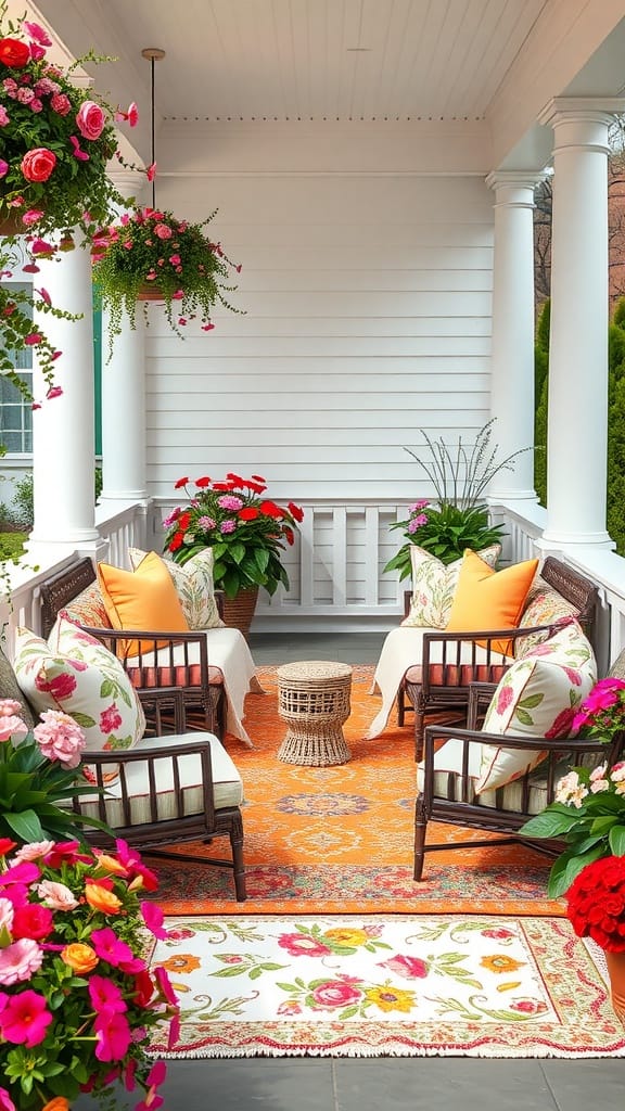 Colorful spring front porch with floral cushions and rugs, featuring hanging plants and flower pots.
