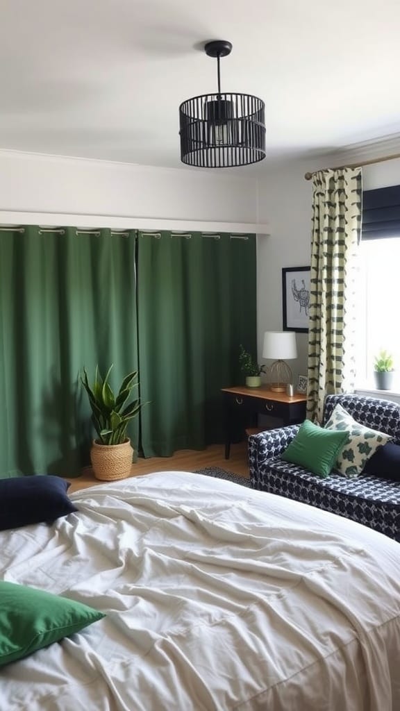A stylish black and green bedroom with patterned curtains and cushions.