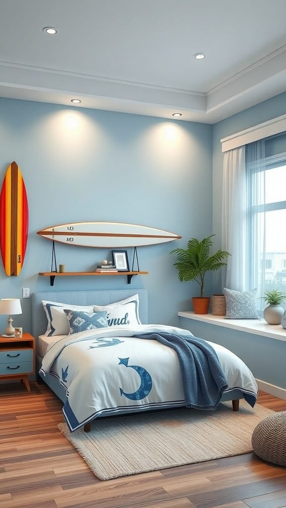 A stylish teen boy bedroom featuring coastal decor with light blue walls, a surfboard, and cozy bedding.