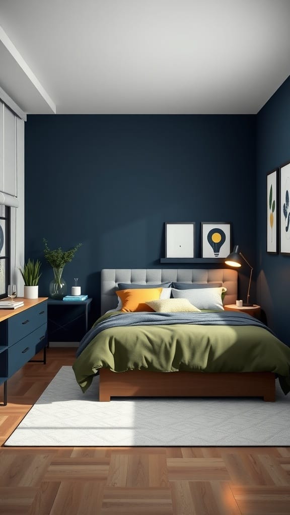 A modern teen boy bedroom featuring navy blue walls, a comfy bed, and stylish decor.