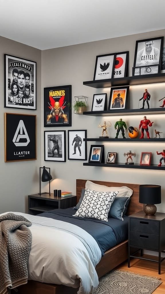 A stylish teen boy bedroom featuring memorabilia like framed posters and action figures.