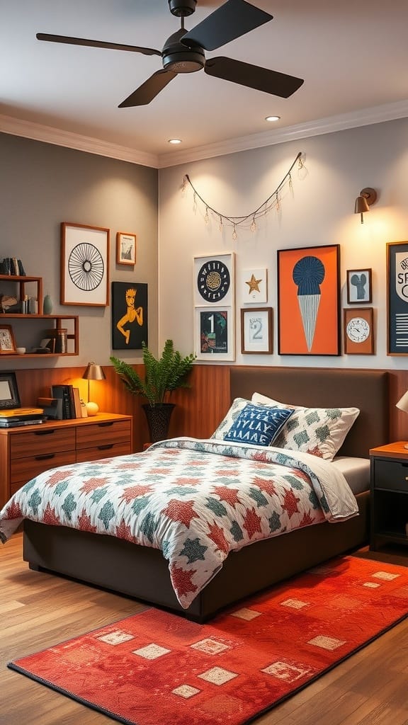 A stylish modern vintage teen boy bedroom with a record player, artwork, and cozy bedding.