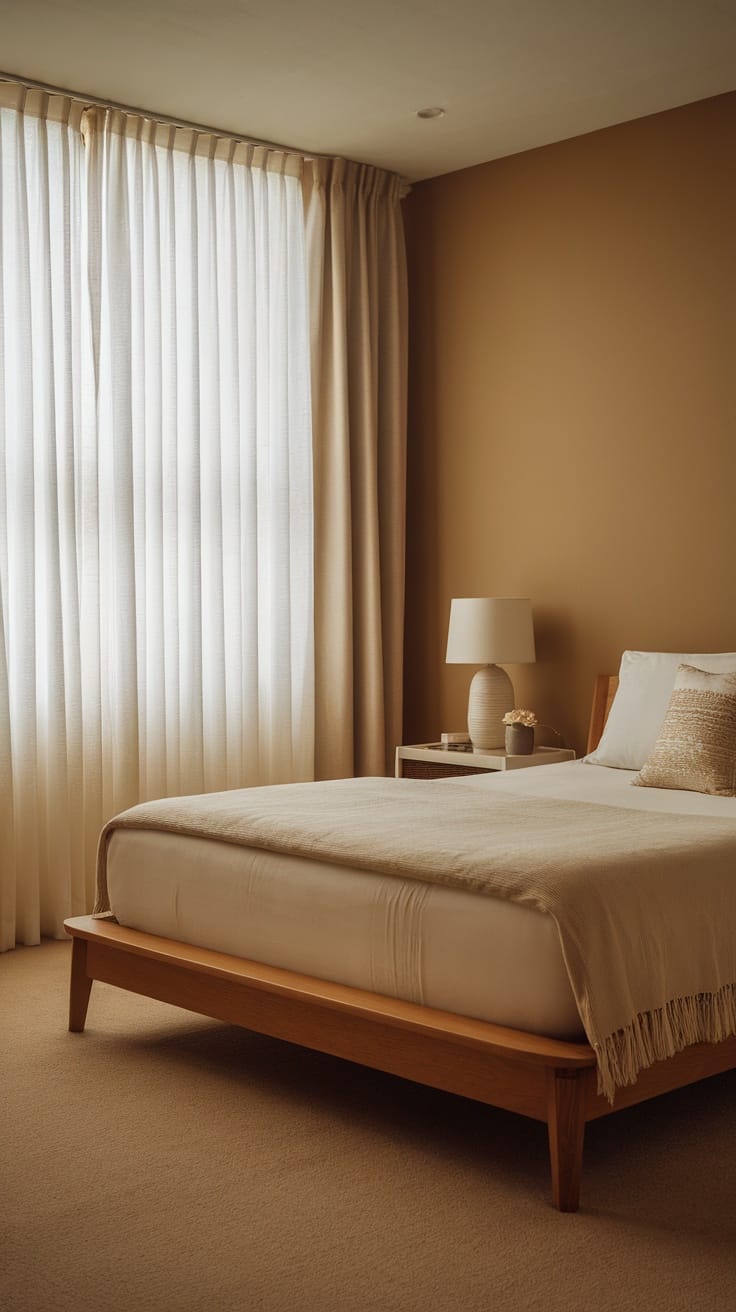 A cozy bedroom with a warm color scheme and soft lighting.