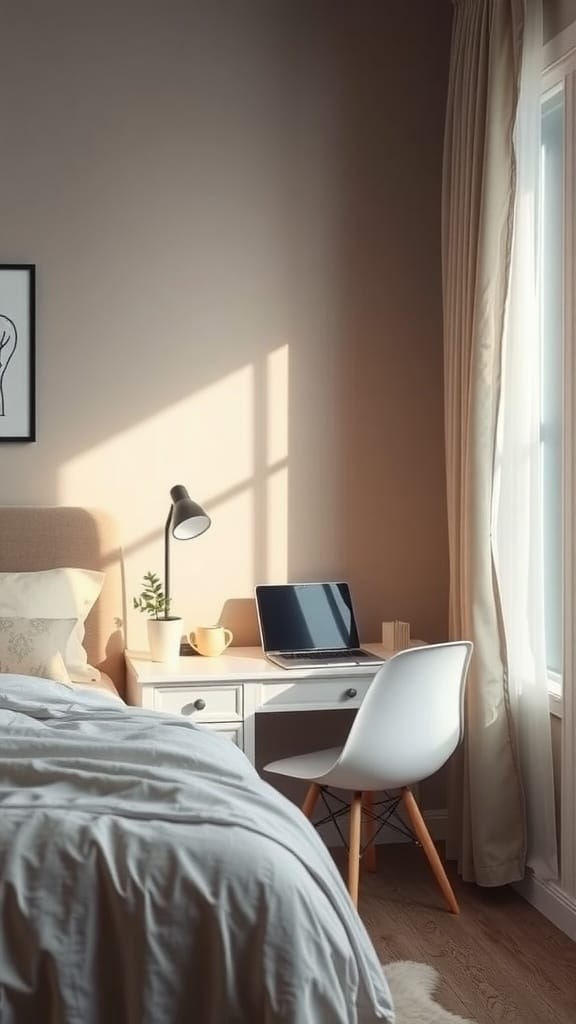 A cozy modern bedroom featuring a small workspace with a desk, chair, and laptop.