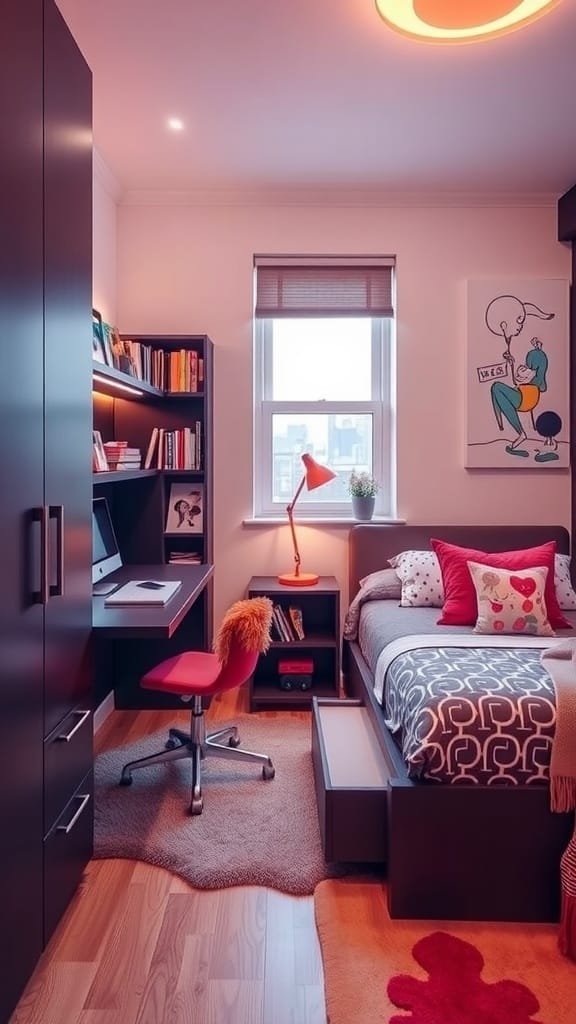 Stylish modern teen boy bedroom with multi-purpose furniture and colorful decor.