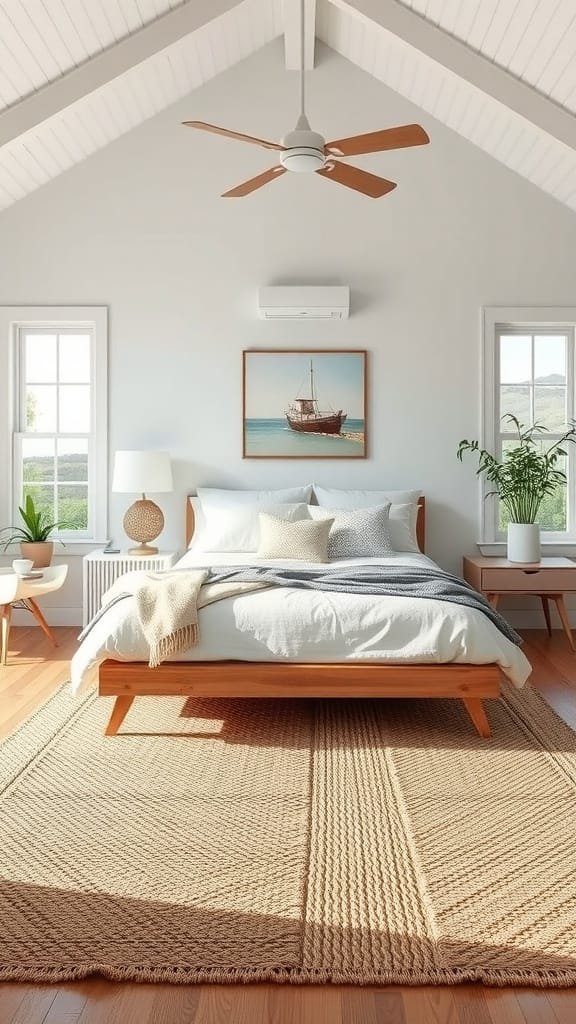 Cozy coastal bedroom featuring a natural fiber rug.