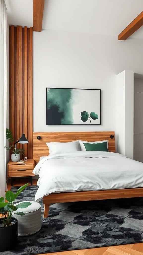 A cozy bedroom with natural wood accents featuring black and green decor.