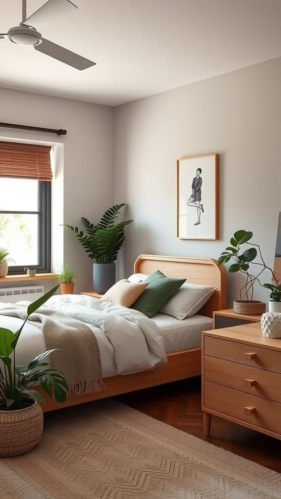 Modern teen boy bedroom with nature-inspired decor and calming colors.