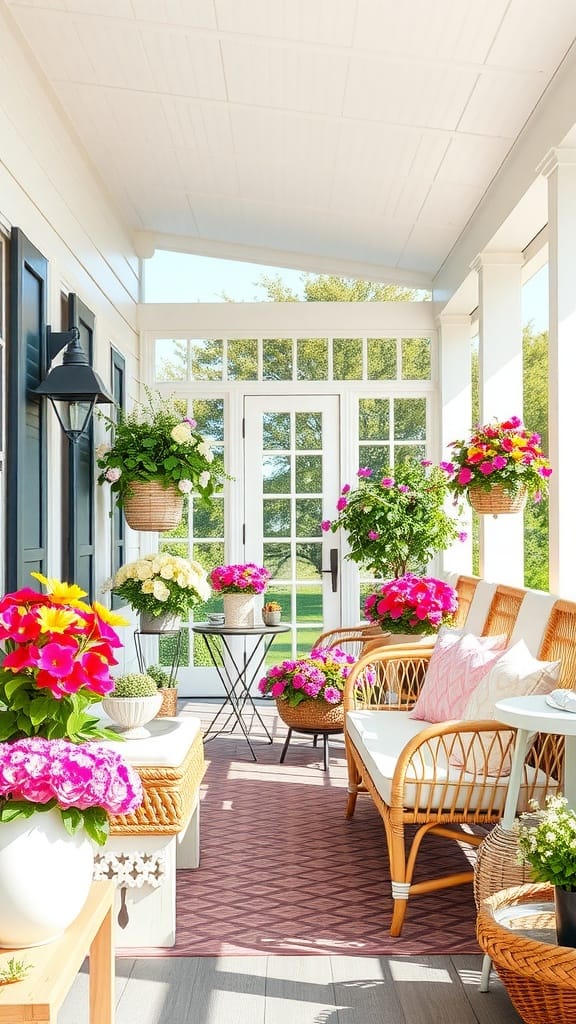 Brightly decorated spring porch with flower pots and comfortable seating.