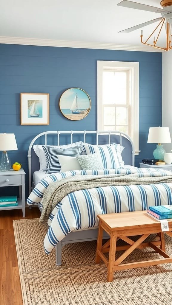 Cozy coastal bedroom featuring a nautical blue and white palette with striped bedding and maritime art.