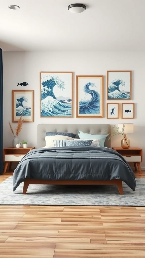 A cozy coastal bedroom featuring ocean-inspired wall art with wave prints and sea creatures.