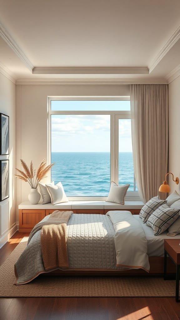 Cozy coastal bedroom with ocean view window seating