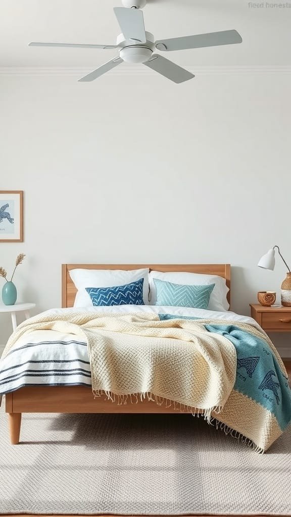 Cozy coastal bedroom featuring an oceanic throw blanket on the bed