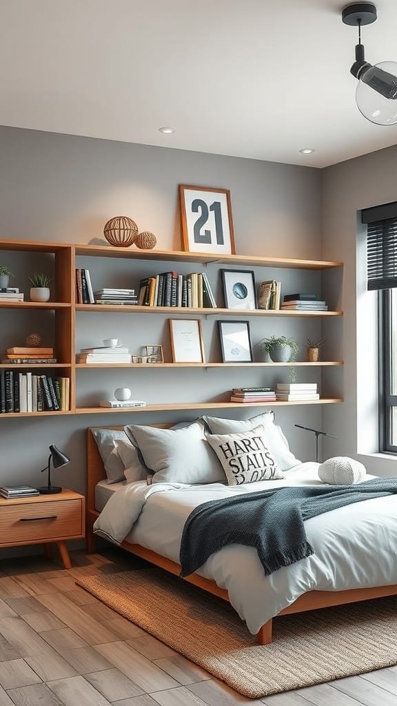 Modern teen boy bedroom with open shelving and cozy decor.