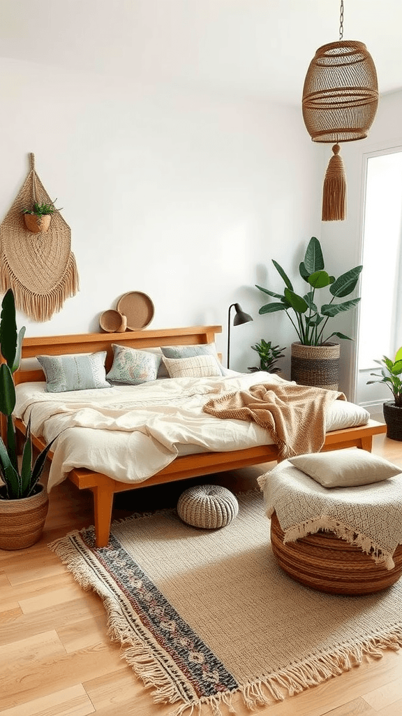 A cozy boho chic bedroom featuring low-profile furniture, plants, and a warm color palette.