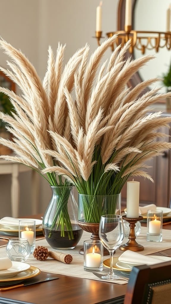 A dining table centerpiece featuring pampas grass, candles, and elegant tableware.