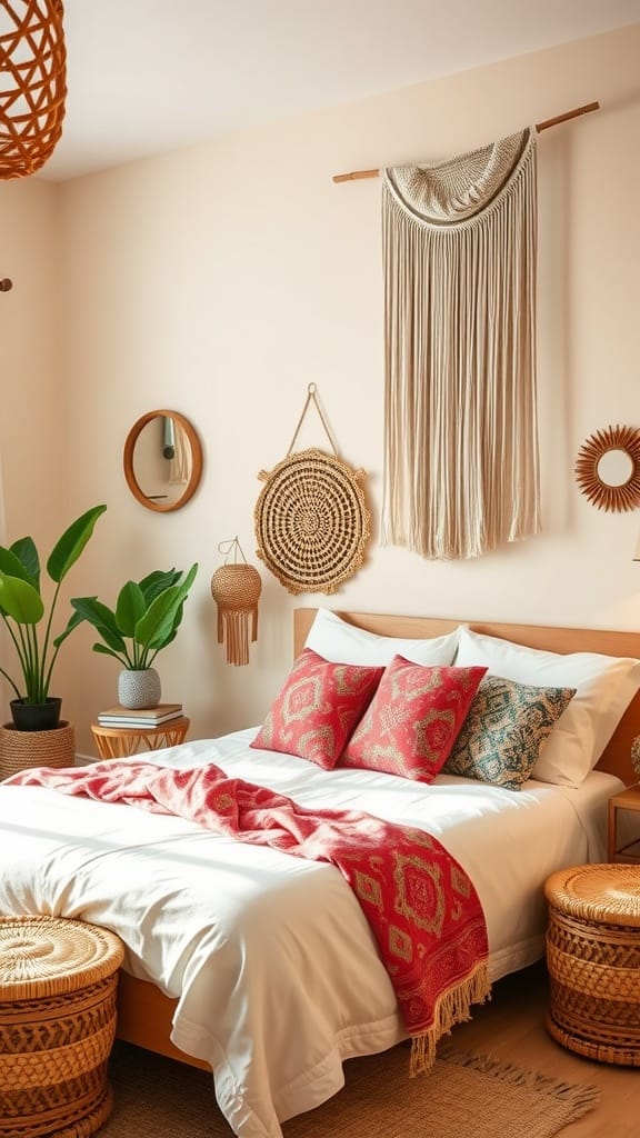 A cozy boho chic bedroom featuring neutral walls, decorative pillows, and natural elements.