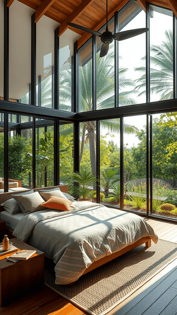 A modern bedroom with large windows, a cozy bed, and a plant, inspired by outdoor elements.