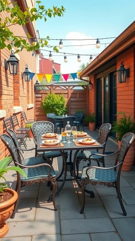 A small backyard patio with a dining table set for outdoor meals, featuring colorful decorations and string lights.