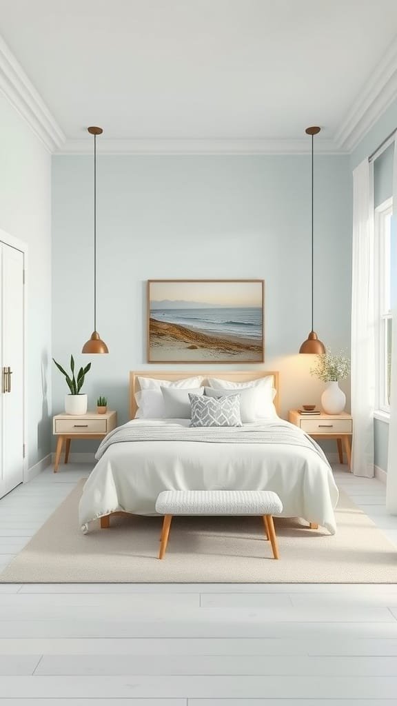 A cozy coastal bedroom with pastel blue walls, a wooden bed frame, and soft white bedding.