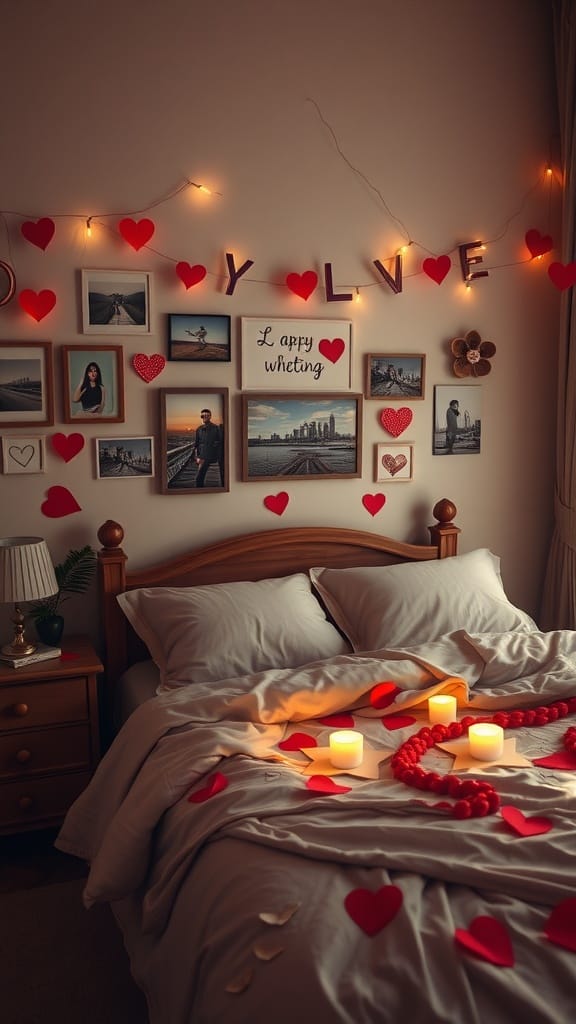 A romantic bedroom with a cozy bed, decorated with candles, heart-shaped items, and framed photos on the wall.
