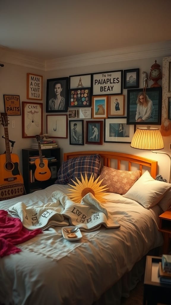 A cozy bedroom featuring a wooden bed with decorative pillows, a vibrant sun-shaped decor, and an artistic gallery wall.