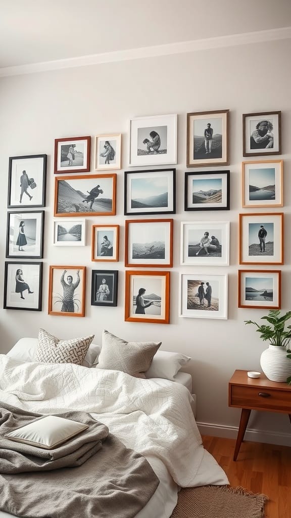A cozy bedroom with a personalized gallery wall showcasing framed photographs.