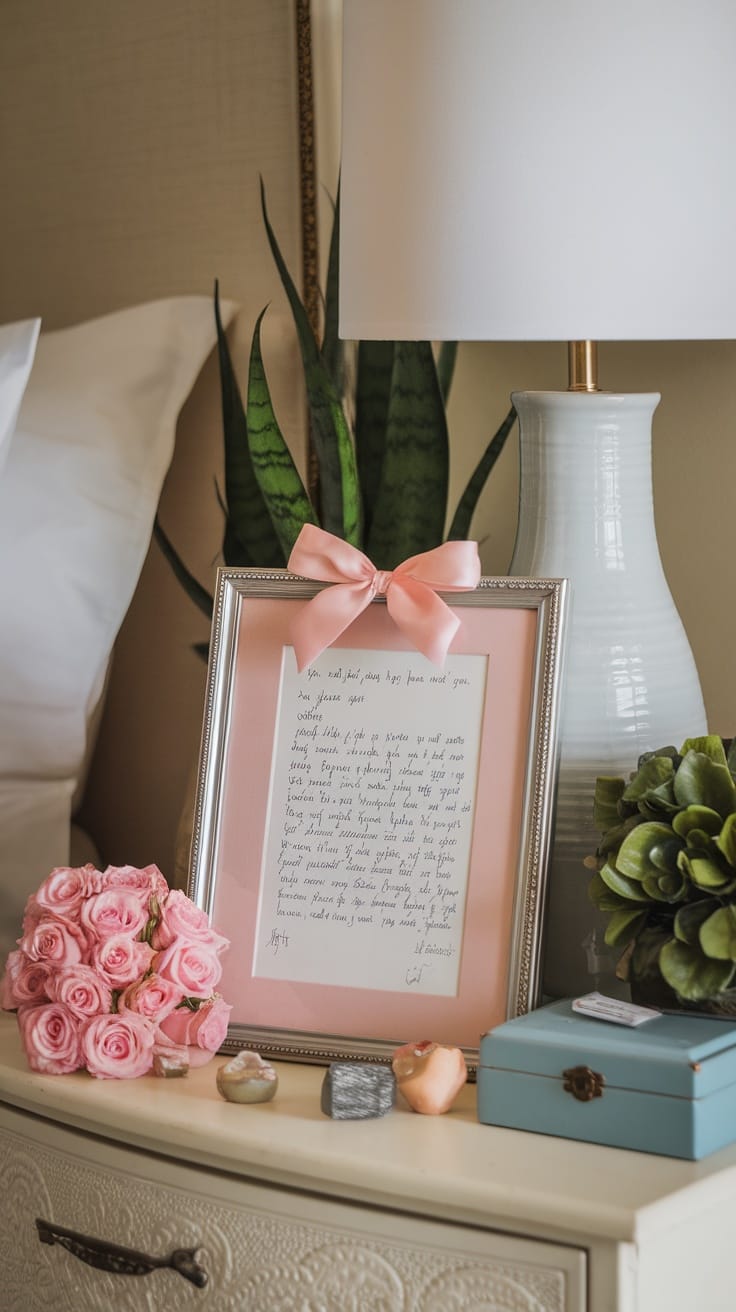 A framed love letter with a pink bow, surrounded by roses and decorative items on a nightstand.