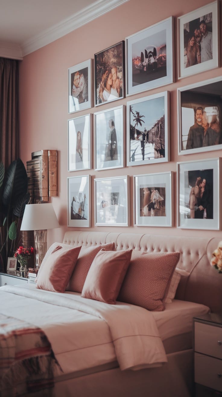 An inviting bedroom with a personalized photo wall featuring framed pictures above the bed.