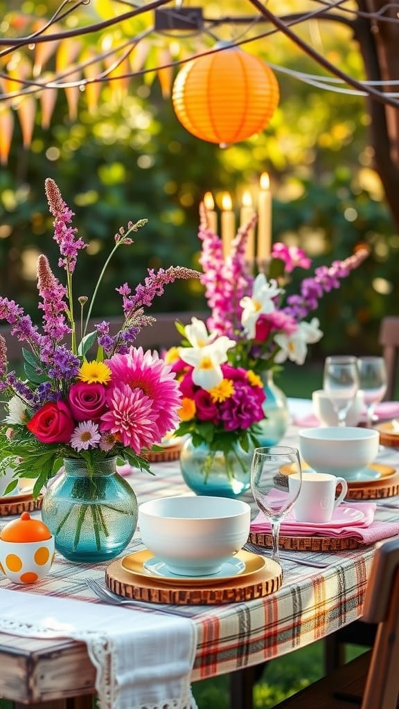A beautifully set table with colorful flowers, dishes, and decorations for spring.