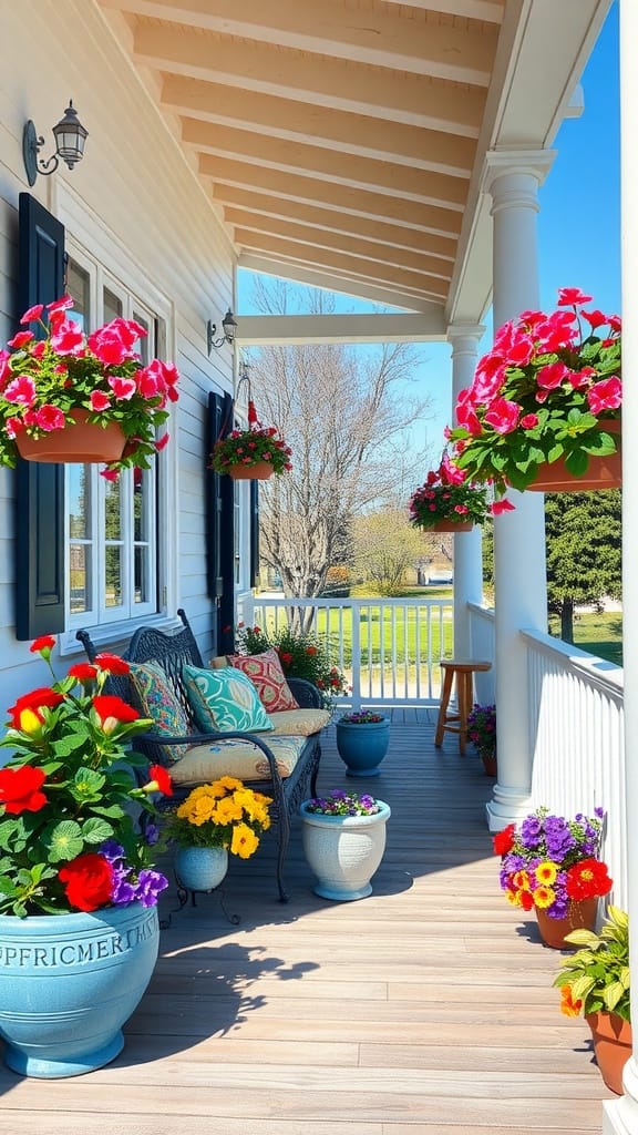 Colorful spring flowers and decor on a front porch