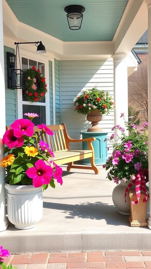 A beautifully decorated front porch with colorful spring flowers in pots and a cozy bench.