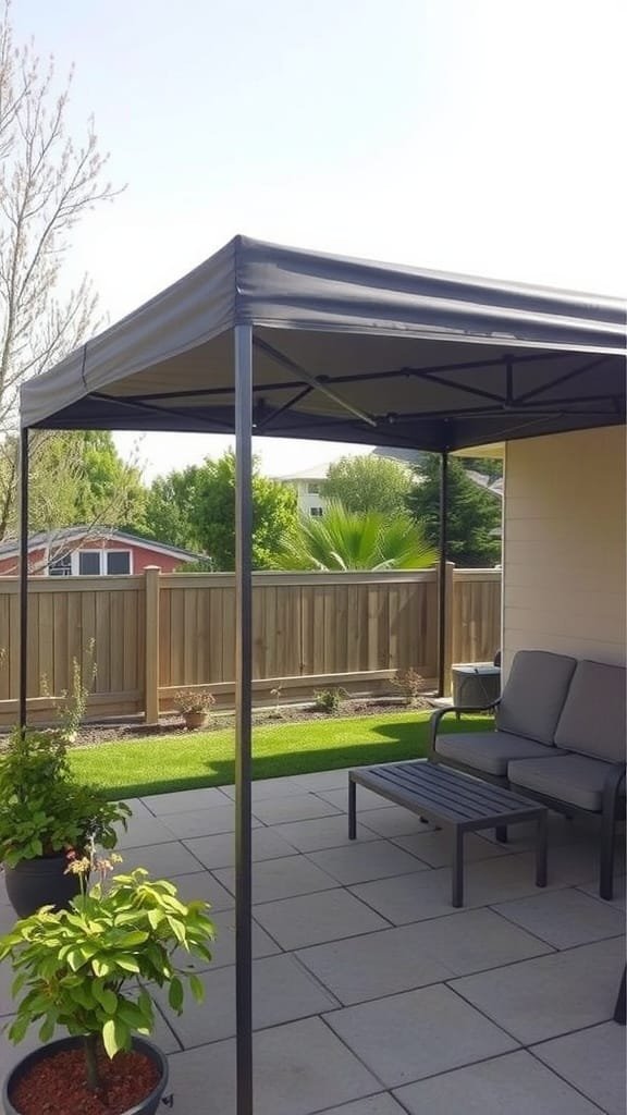 A portable black canopy set up on a patio with a seating area and greenery around.