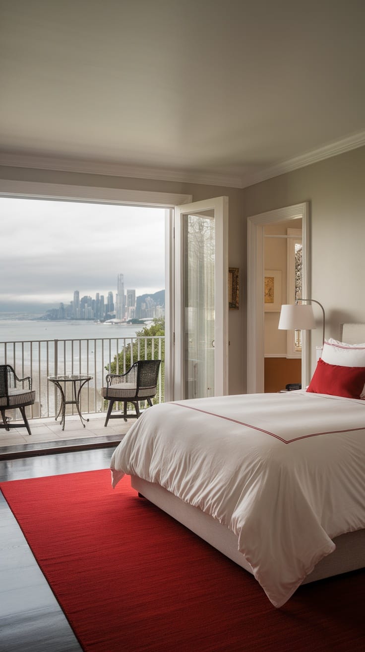 A cozy bedroom with a view of a private balcony overlooking the water and city skyline.