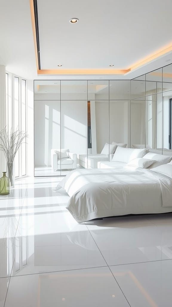 Modern bedroom with reflective surfaces and bright lighting.