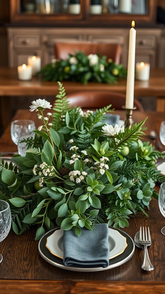 Elegant dining table with a lush greenery centerpiece, candles, and stylish tableware.