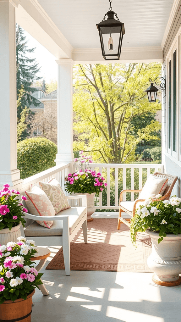 Spring decorated front porch with comfortable seating and flower pots