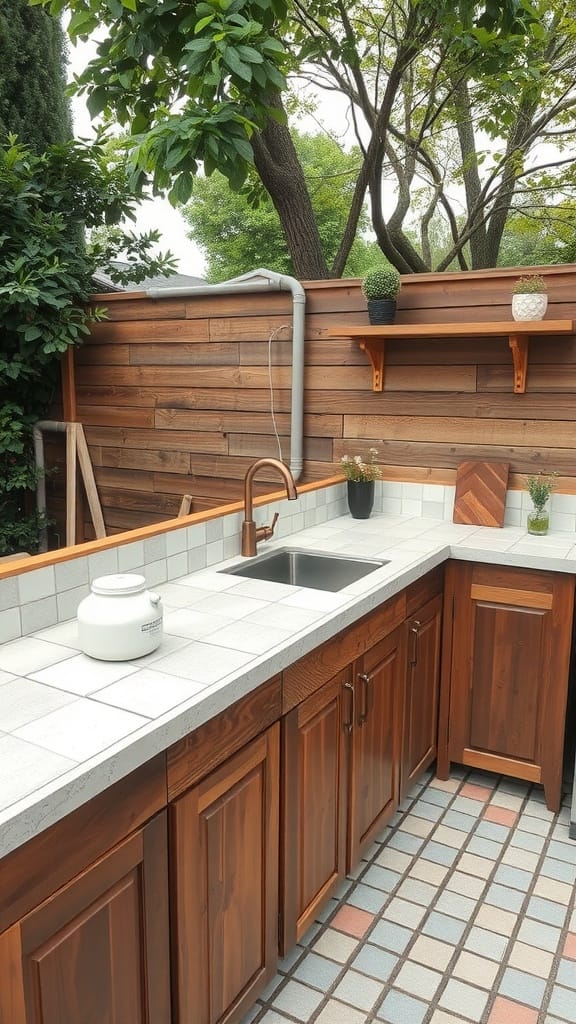 An outdoor kitchen with a sleek countertop made from repurposed materials, featuring wooden cabinets and a tiled floor.