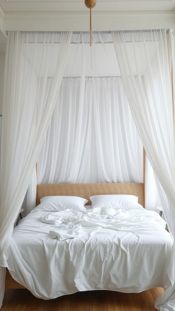 A modern canopy bed with white drapes and light bedding.