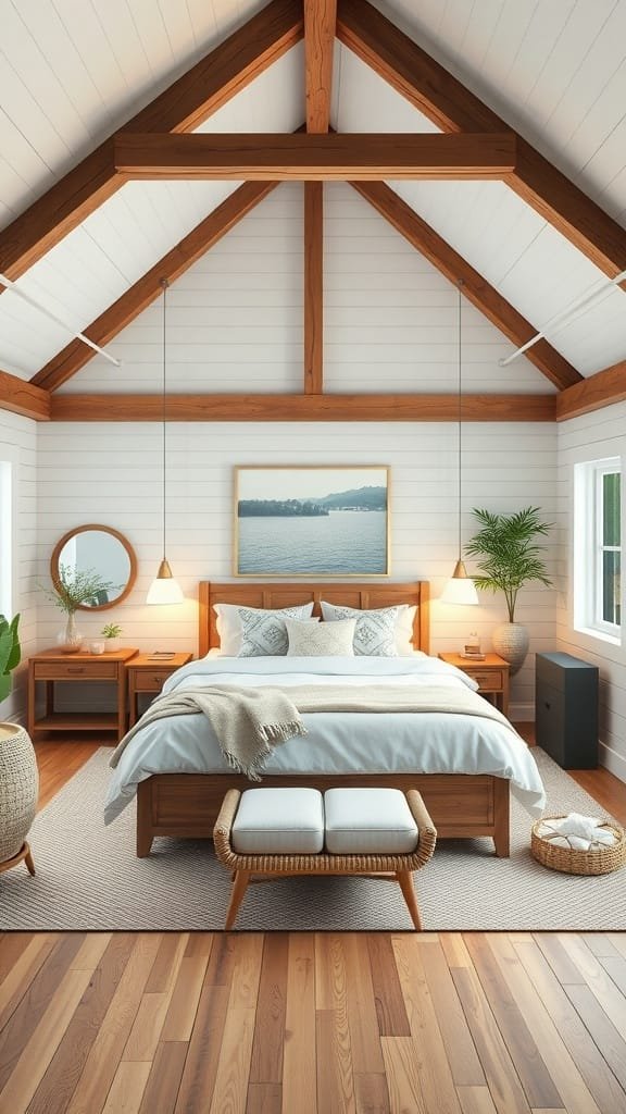 A cozy coastal bedroom featuring rustic wooden beams and a serene color palette.