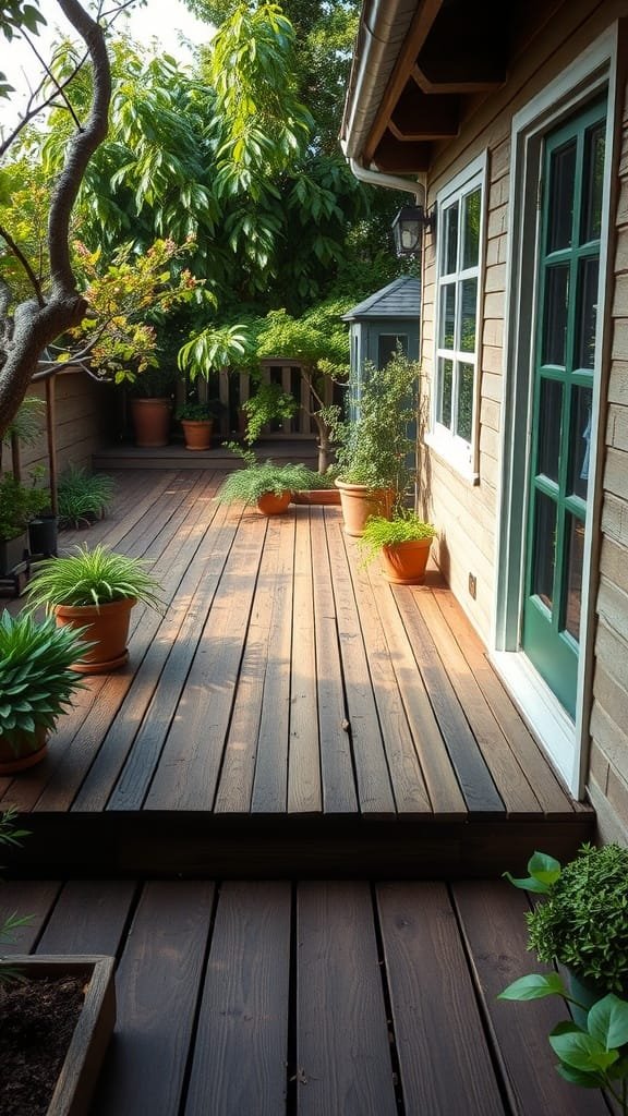 A rustic wooden patio with potted plants and a cozy atmosphere.