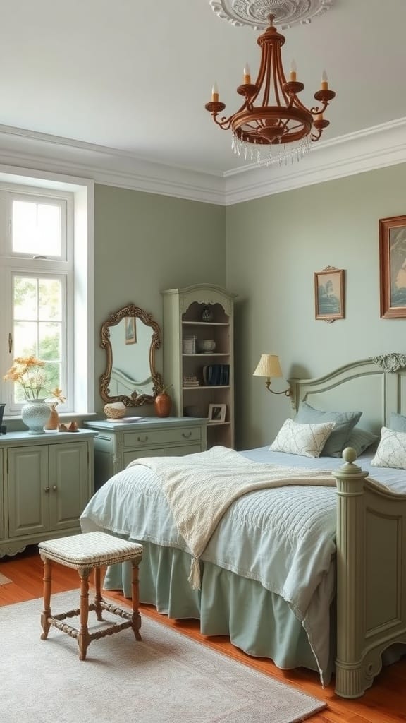 A vintage-style bedroom featuring sage green walls, a matching duvet cover, and antique furniture.