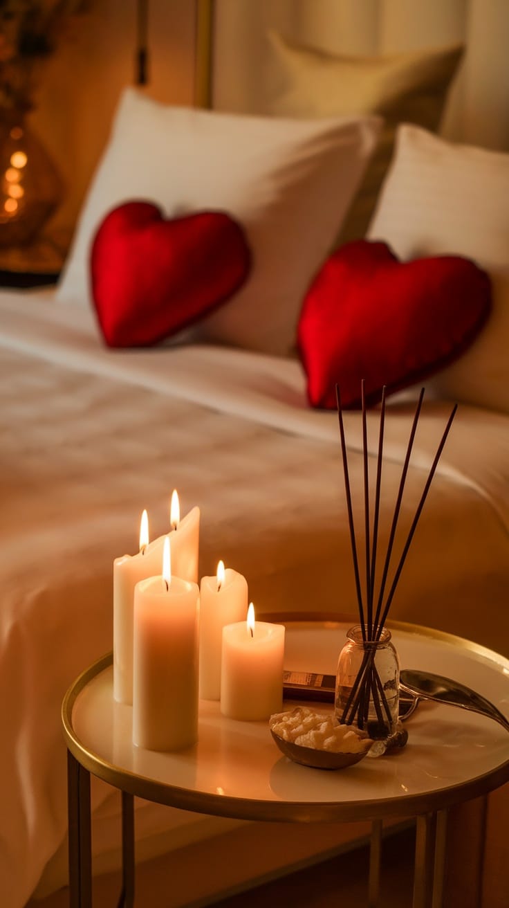 A romantic bedroom setting with scented candles and incense on a bedside table.