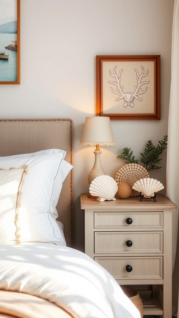 Cozy coastal bedroom with seashell decor accents