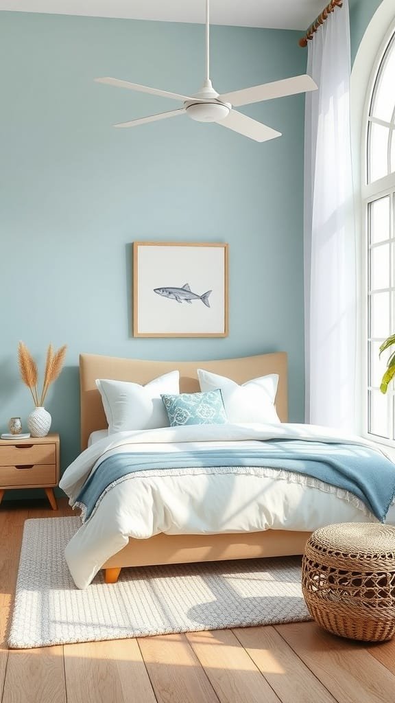 A cozy coastal bedroom featuring a blue wall, soft bedding, and beach-themed decor.