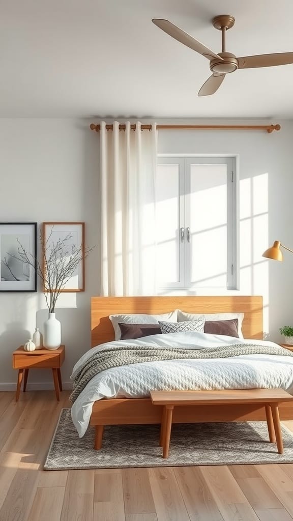 A modern bedroom with wooden furniture, white curtains, and natural light