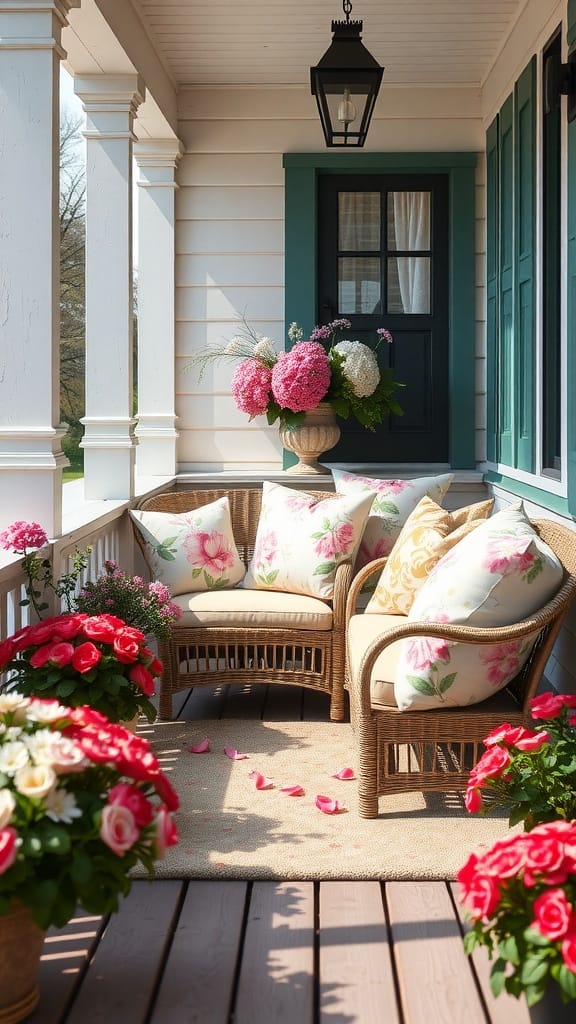 Comfy spring porch with floral throw pillows and vibrant planters.