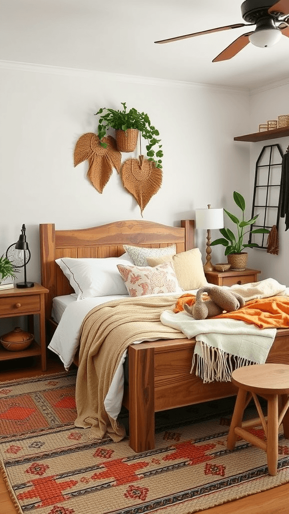 A cozy boho chic bedroom featuring worn wood furniture, soft textiles, and greenery.