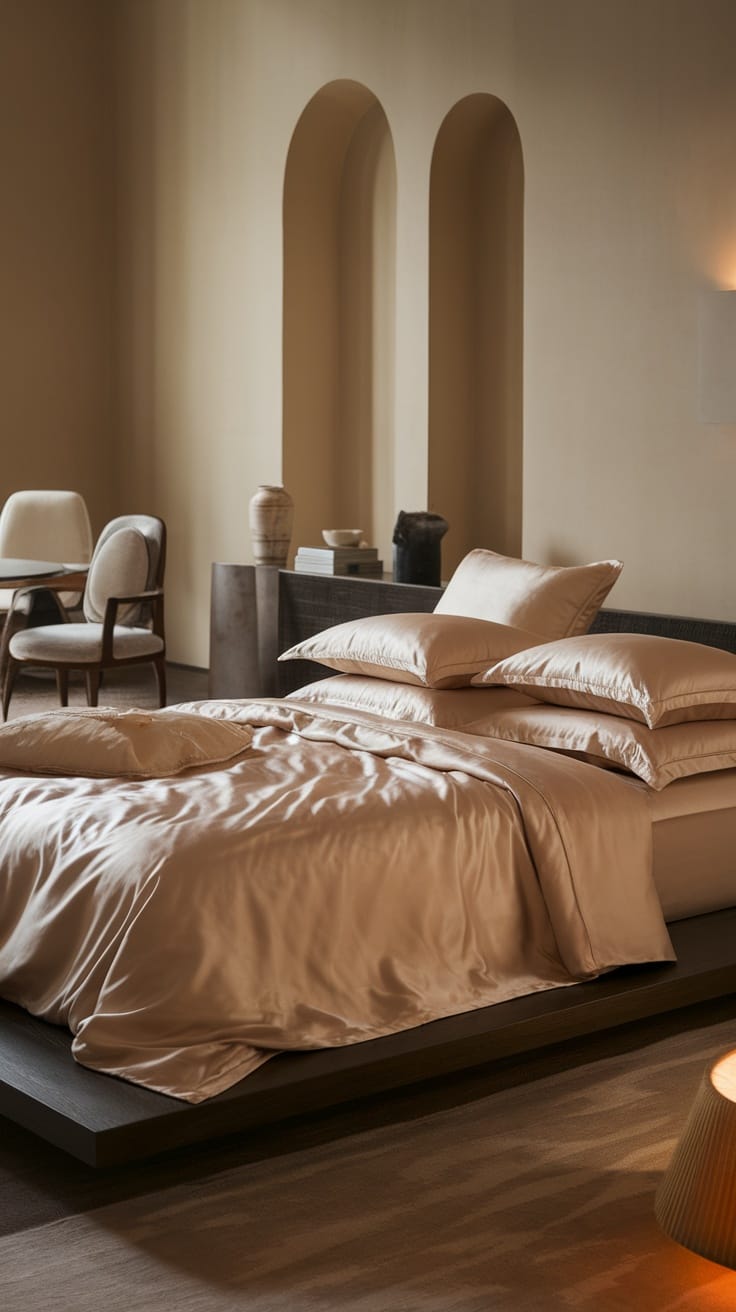 A beautifully arranged bed with silk bedding, showcasing a soft color palette and modern decor.